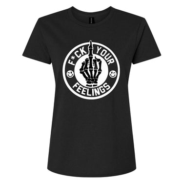 Black t-shirt with a white graphic design on a white background